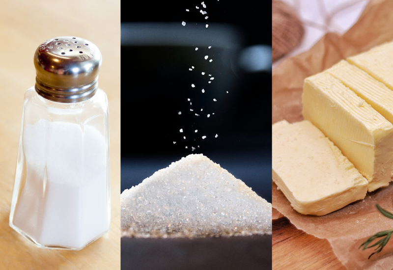 Imagem de sal, açúcar e manteiga em close-up, representando se esses ingredientes fazem mal para o coração.